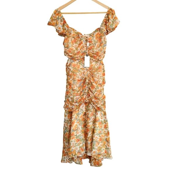 ASTR The Label Orange Floral Ruched Midi Milkmaid Dress Ruffle Sleeves Sz M NWT - Picture 3 of 6